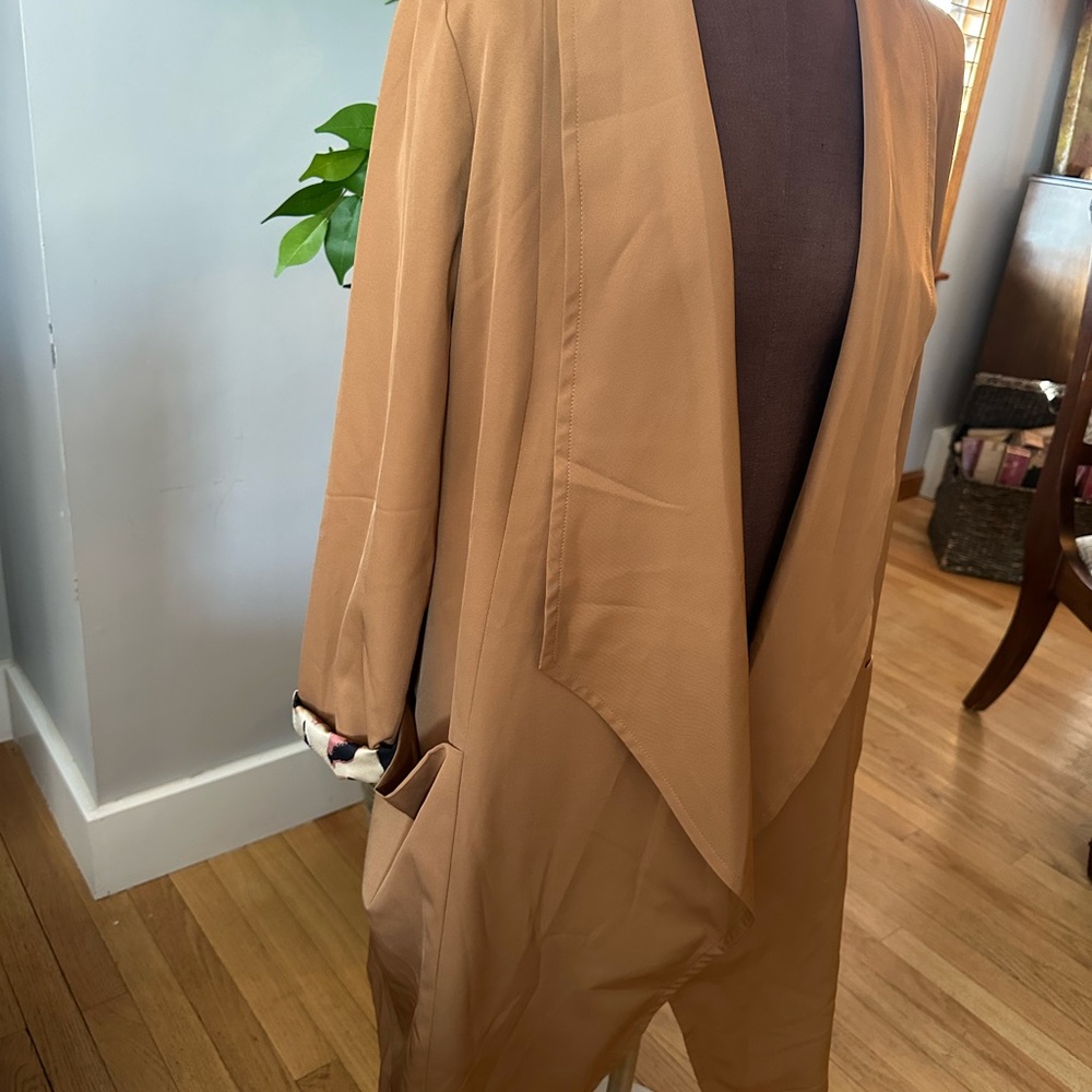 Amaryllis Waterfall Front Trench Coat- Women's Tan Open Front Jacket - Picture 2 of 4